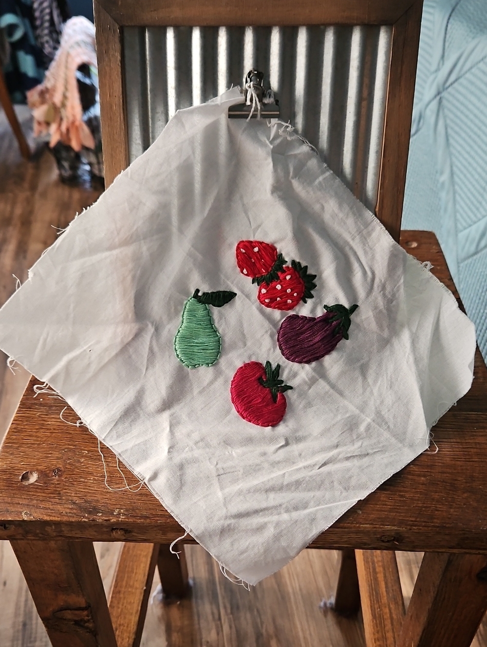 White Embroidered Fruit Handkerchief with Red, Green & Purple Motifs